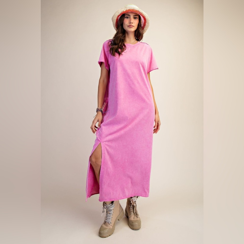 059 EASEL SML NWT Casual Pink Barbie Maxi Shirt Dress WASHED TERRY MIDI DRESS